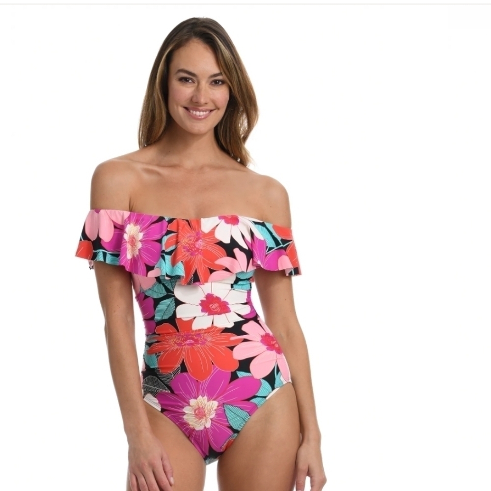 In Full Bloom Off Shoulder Ruffle One Piece Swimsuit - Size 10